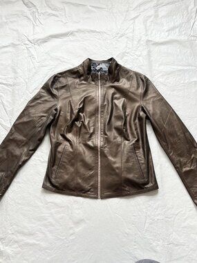 Faux leather jacket bronze metallic zip up fitted It 40 / US 6 mandarin collar